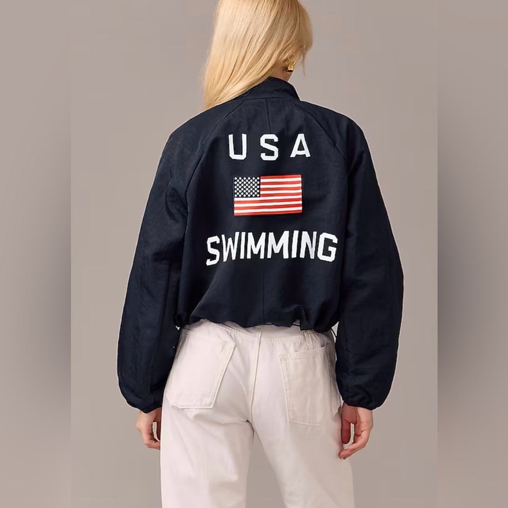 J. Crew Navy USA Swimming Bomber Jacket with Red & White Flag